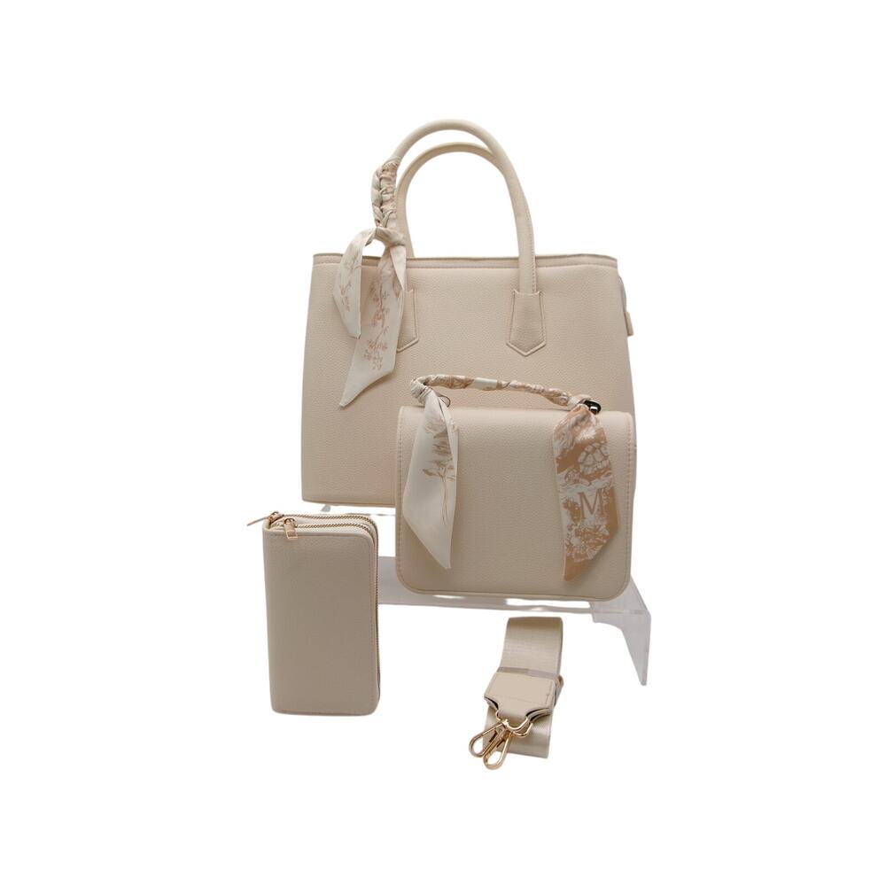 Elegant Beige Silk-Trimmed 3-in-1 Tote Bag Set